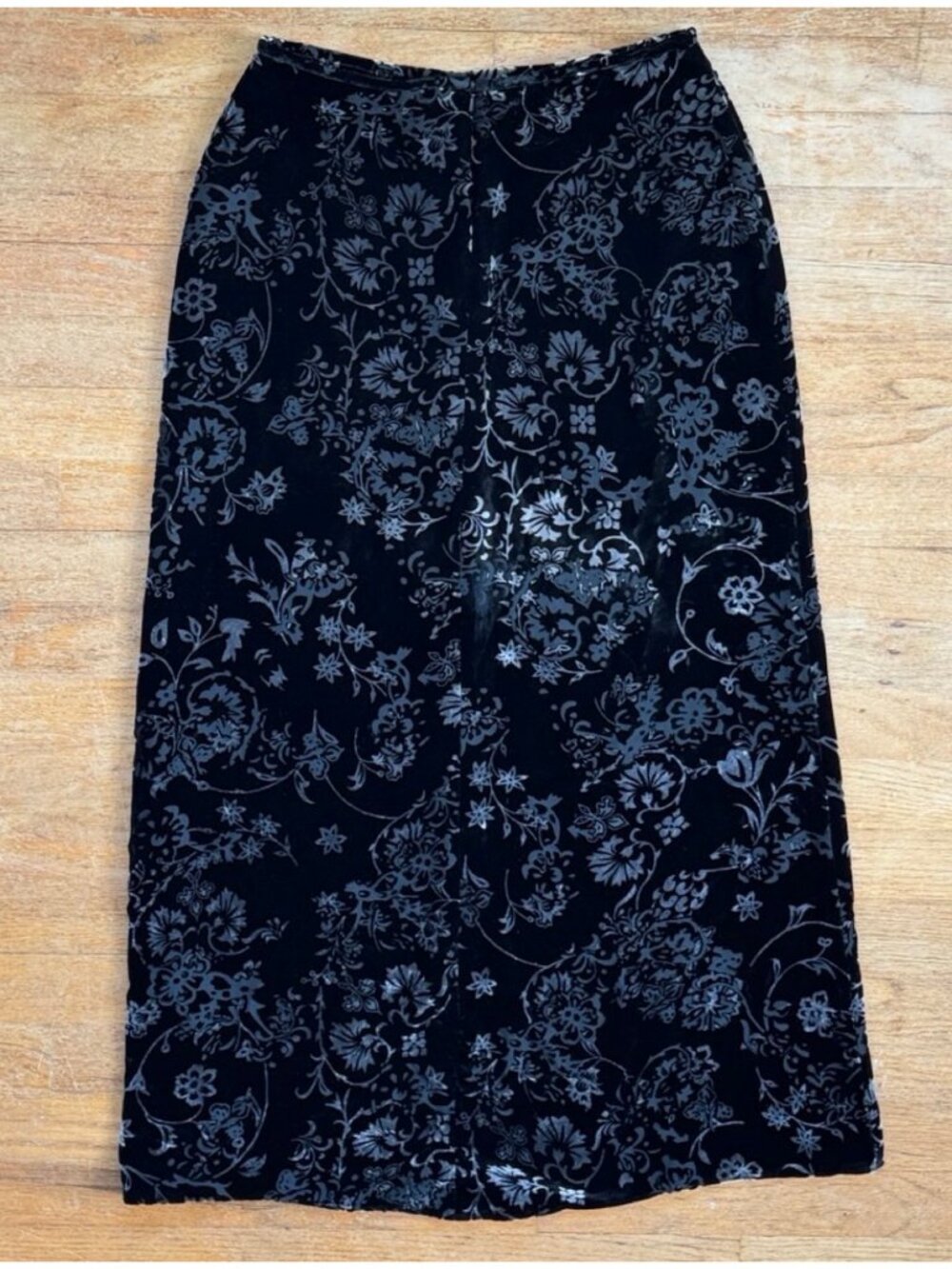 Vintage Black Floral Burnout Crushed Velvet Maxi Skirt Size Small 27" Waist 90s
